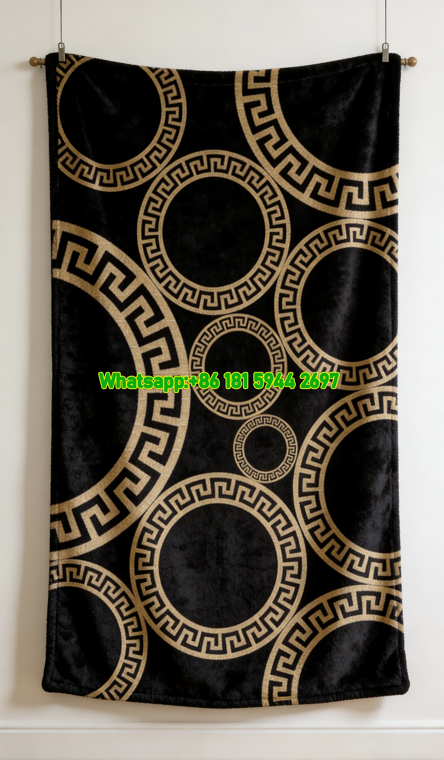 Versace Black Gold Greek Key Circular Pattern Print Flannel Sofa Throw Blanket IMG_1430